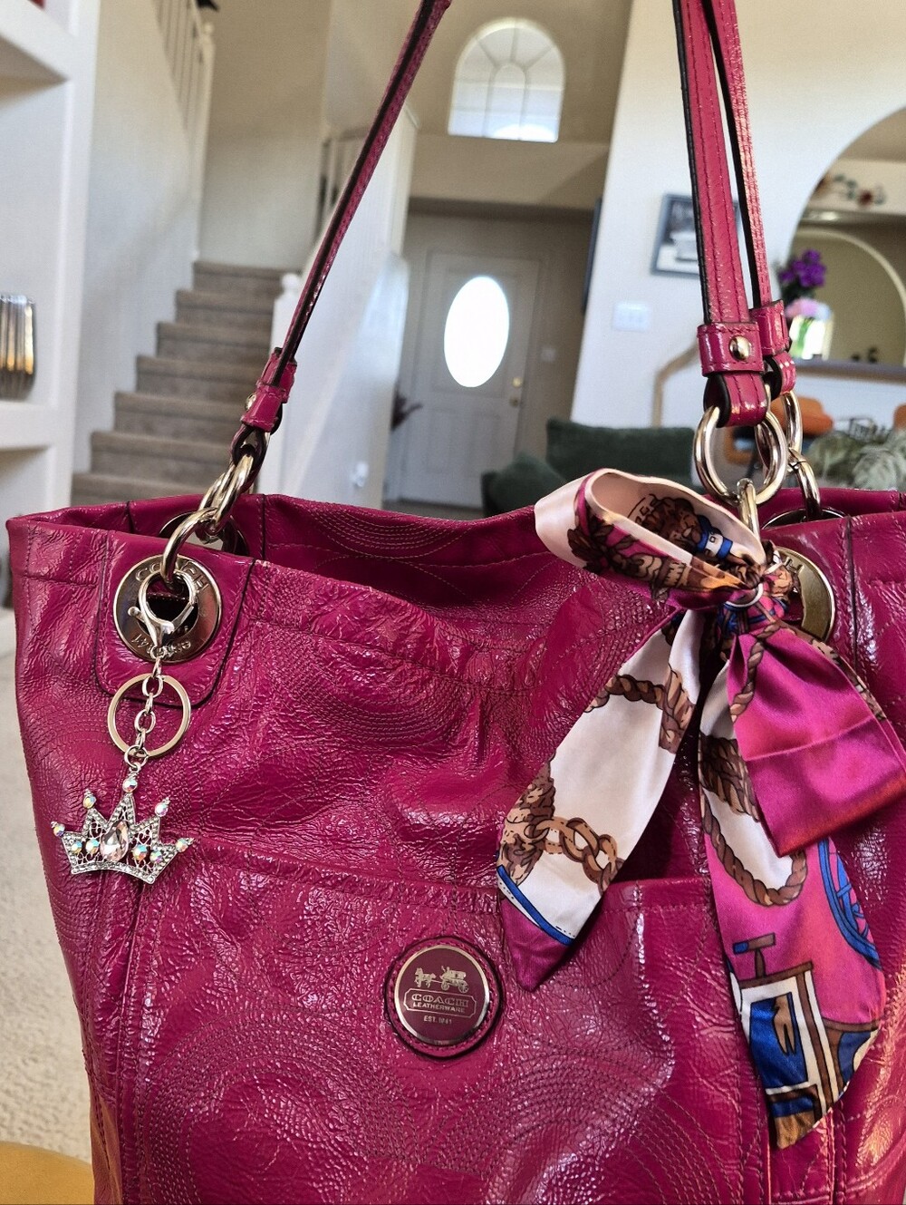 Coach 2010 Alex Hot Pink Op Art Patent Leather Tote Bag 14265 EUC
